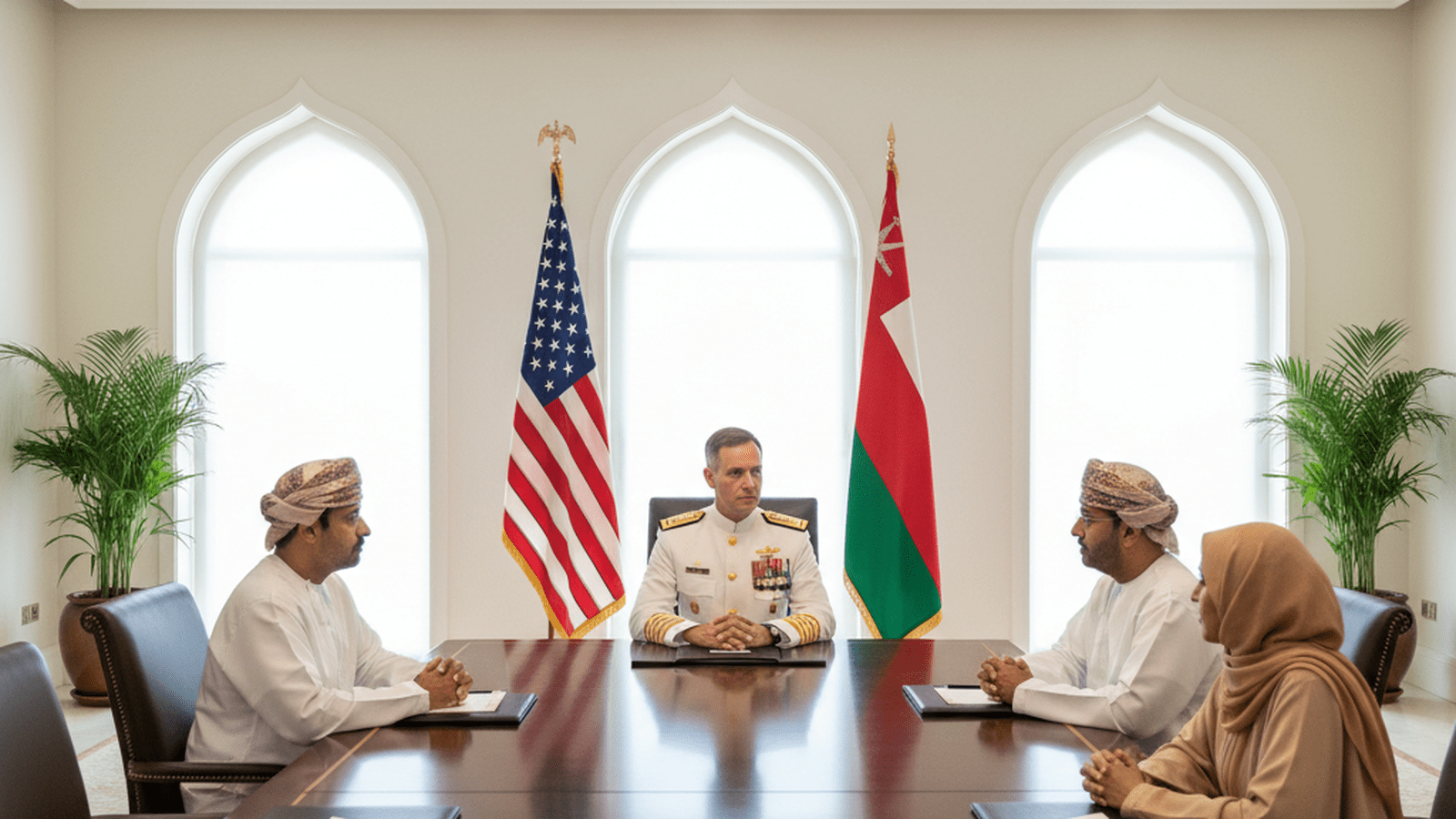A U.S. Navy Admiral in dress uniform participates in a formal diplomatic meeting at a large conference table.