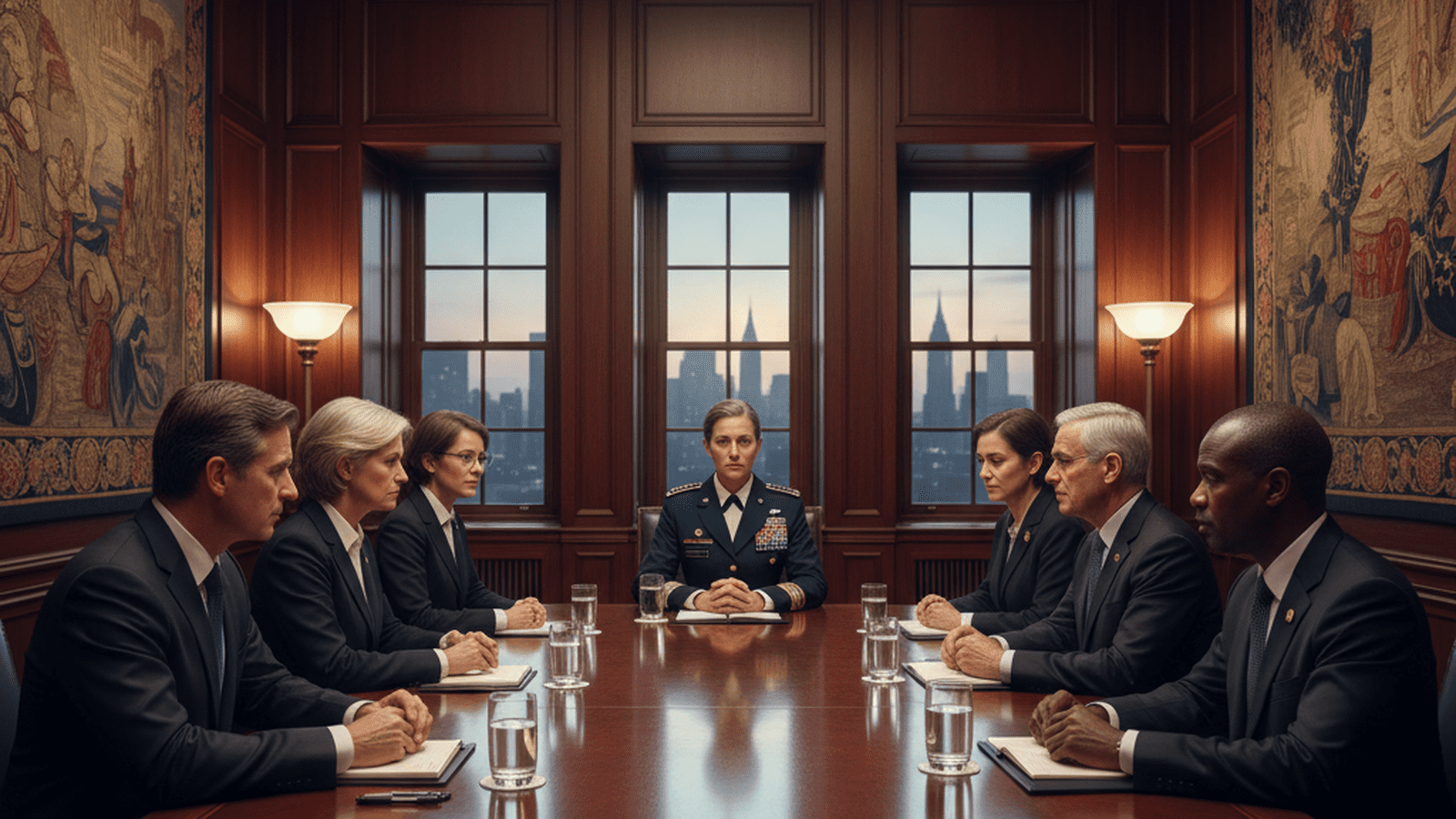 A formal diplomatic setting featuring a U.S. military officer and civilian officials engaged in high-level negotiations.