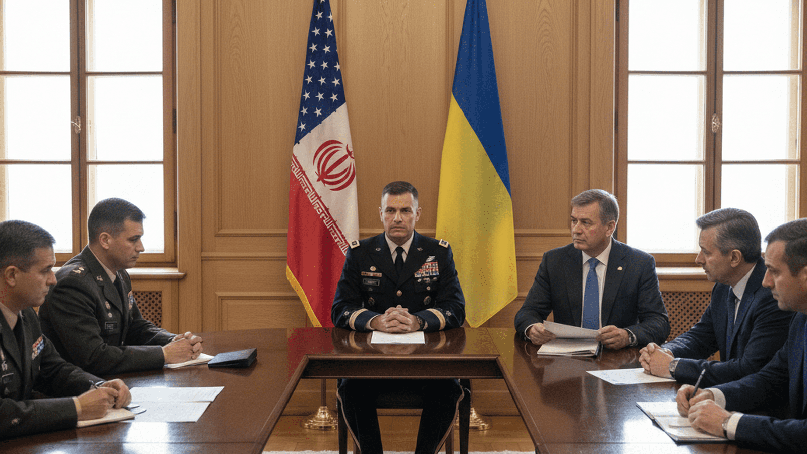A U.S. military officer and a civilian official sit at a formal negotiation table in a professional setting.