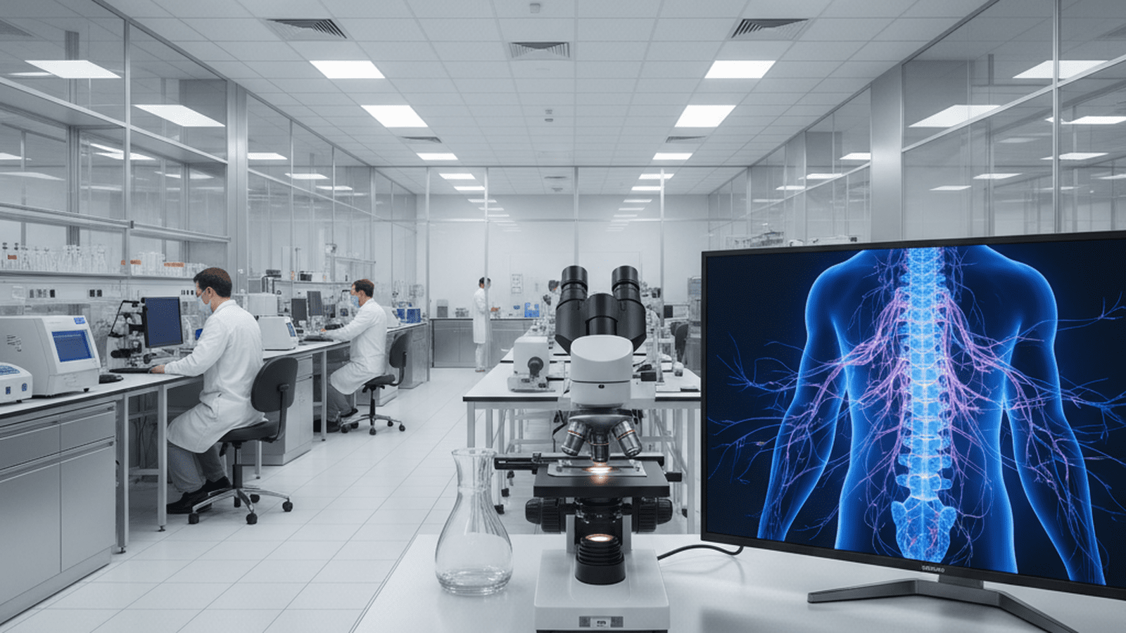 A professional medical laboratory with advanced imaging equipment showing a human spinal cord model.