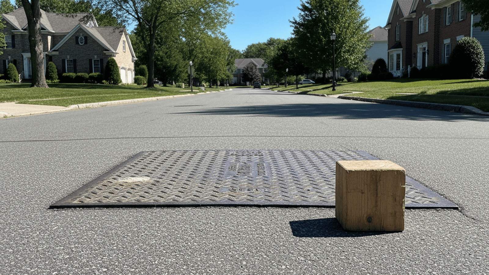 A steel construction plate covers a section of a suburban road next to a wooden block.