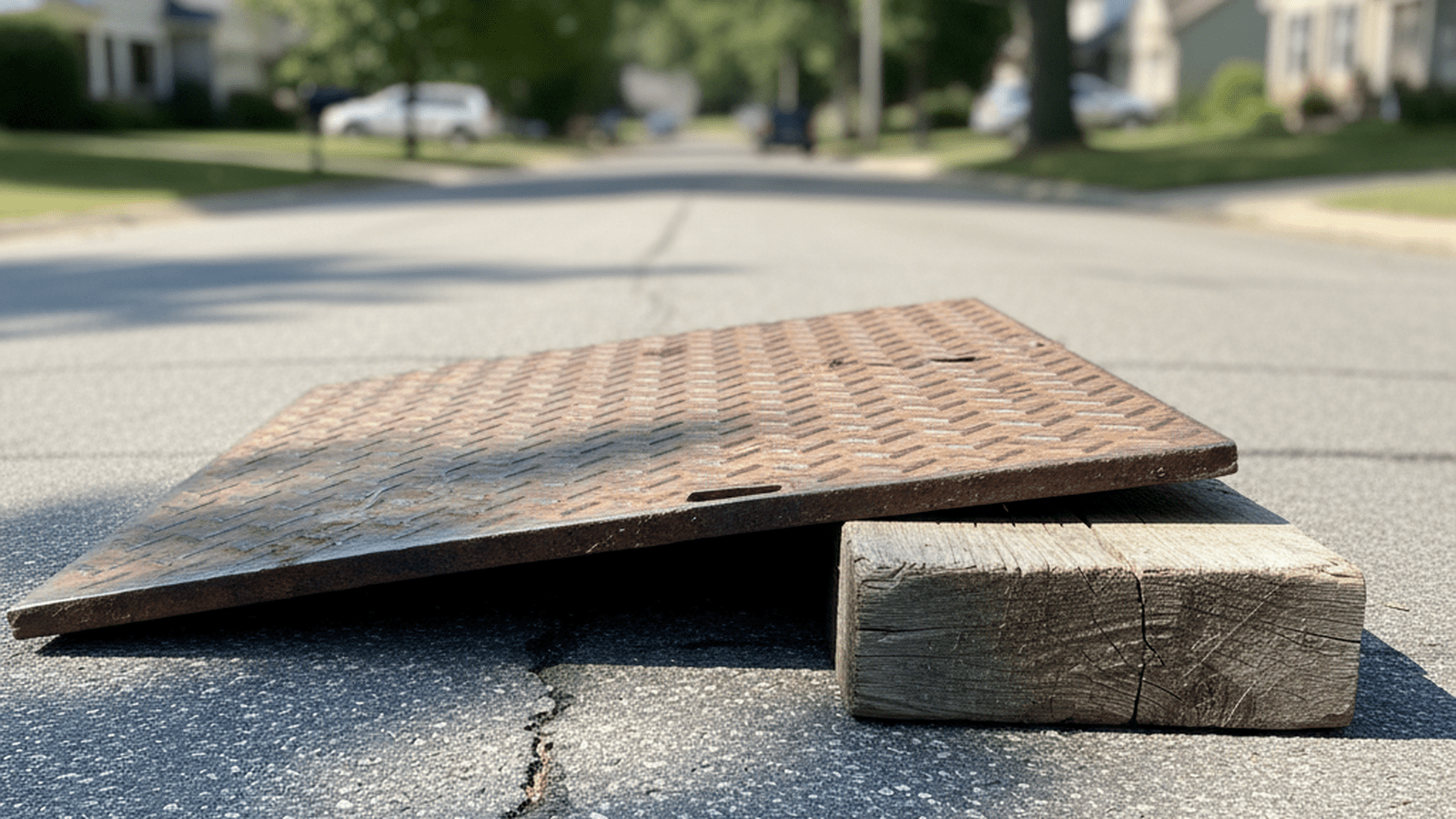 A steel construction plate and a wooden block sit on a suburban roadway in Westchester County.