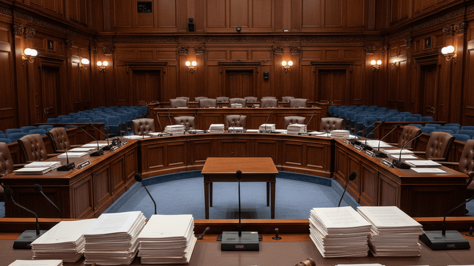 A formal and empty congressional hearing room with dark wood paneling and official documents on the tables.