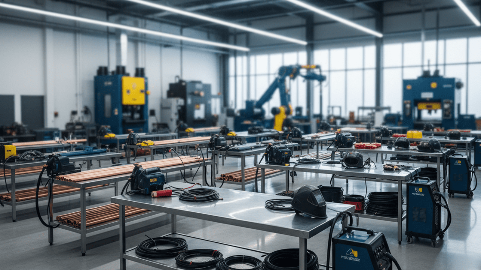 683f7a2a53401911d667e14fe2f02174fab83efe6434135ed27eb90a0314c436 Industrial safety gear sits on a workbench in a clean, organized Michigan training facility.