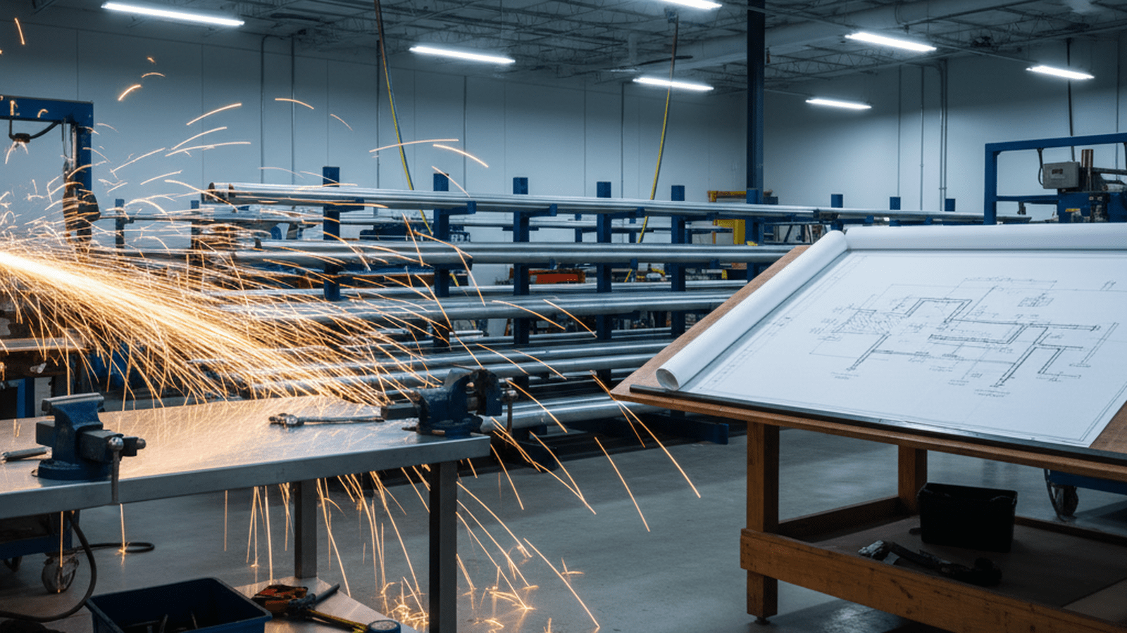 A modern industrial workshop in Michigan with welding sparks and organized plumbing equipment.
