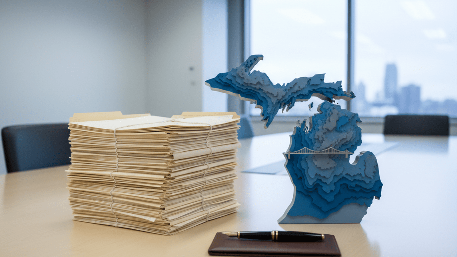 A professional desk setup with folders and a map of Michigan, representing organized government planning.