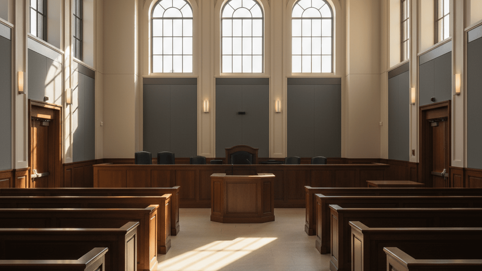 An empty, sunlit courtroom with rows of wooden benches and a judge's bench in the background.