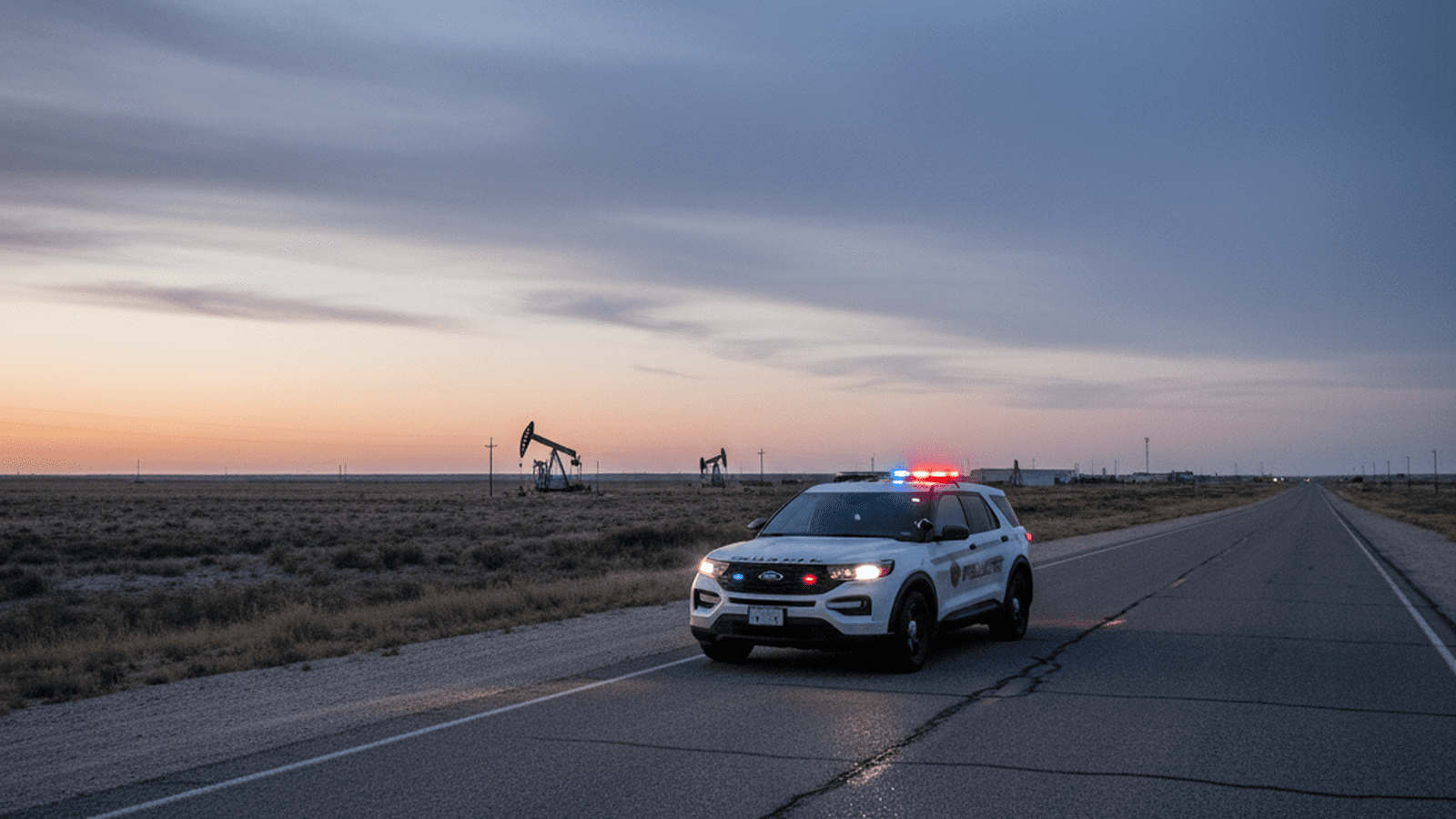 Federal law enforcement vehicles and agents manage a highway checkpoint in Texas under a twilight sky.