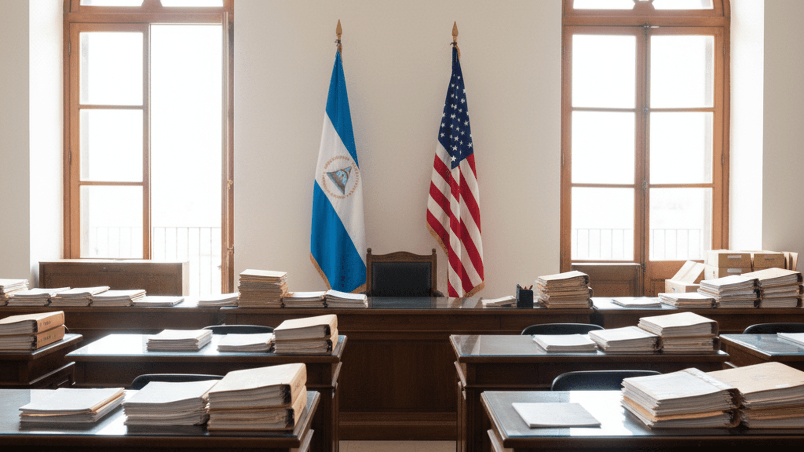 An orderly government office with official flags and organized paperwork representing new visa regulations.