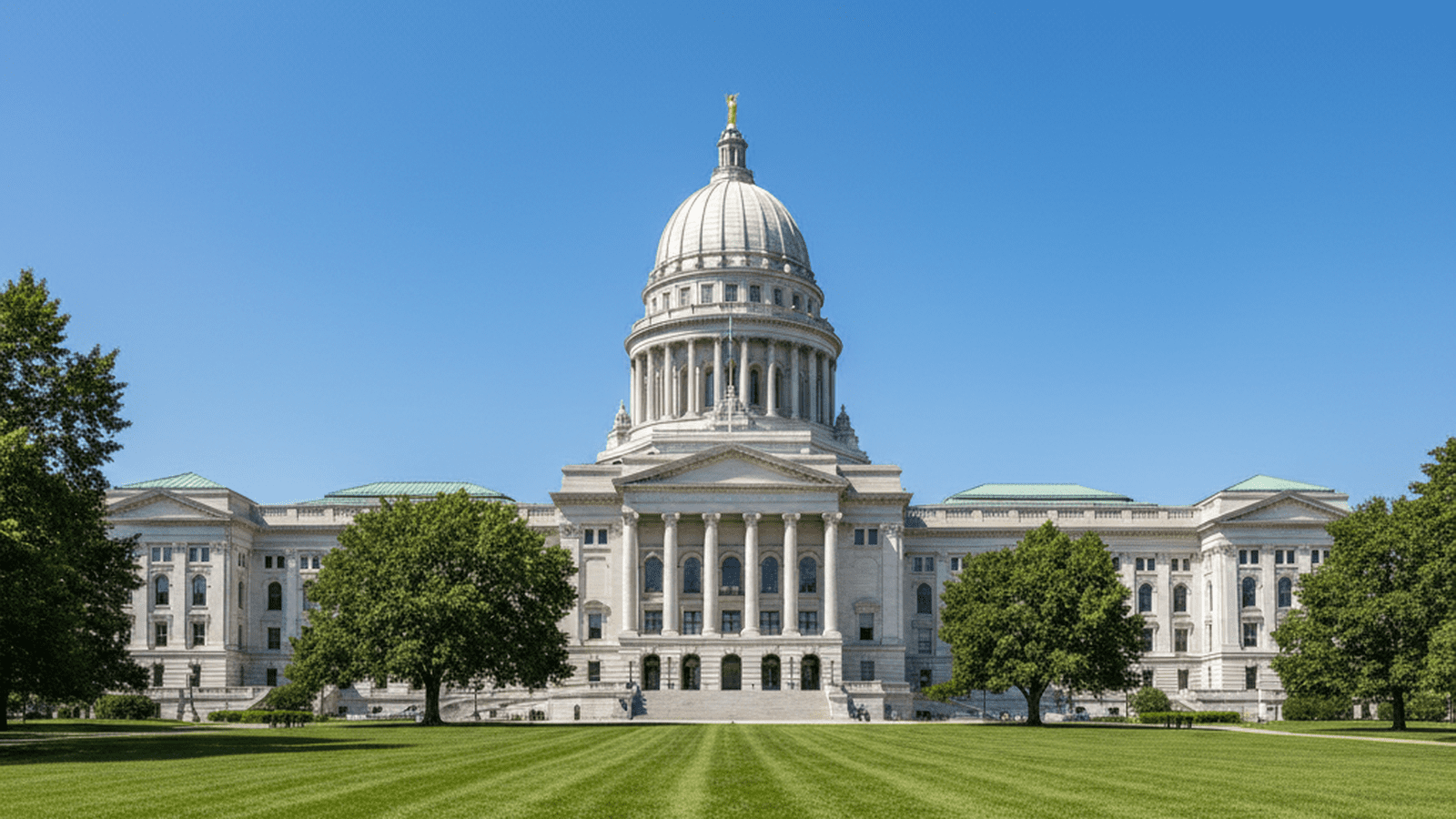 The Wisconsin State Capitol building stands prominently under a clear blue sky in Madison.