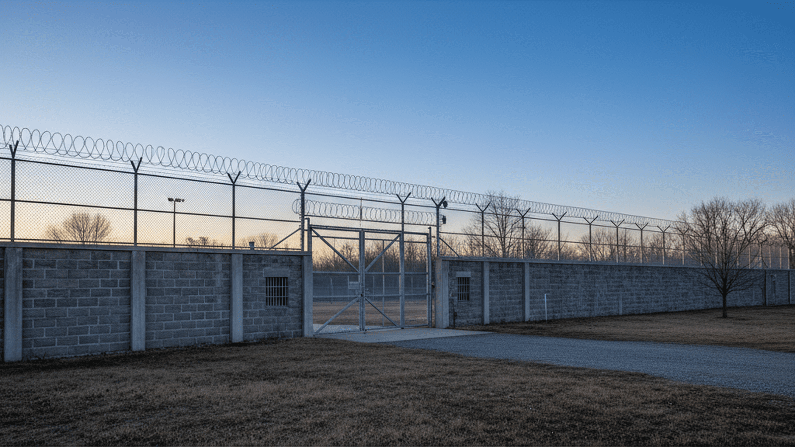 A wide shot of a state prison exterior under a clear blue morning sky.