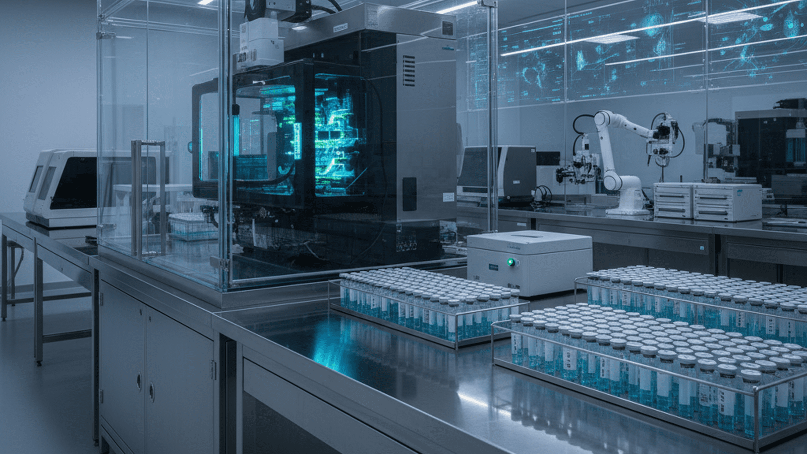 A high-tech laboratory environment with genetic sequencing equipment and medical vials.