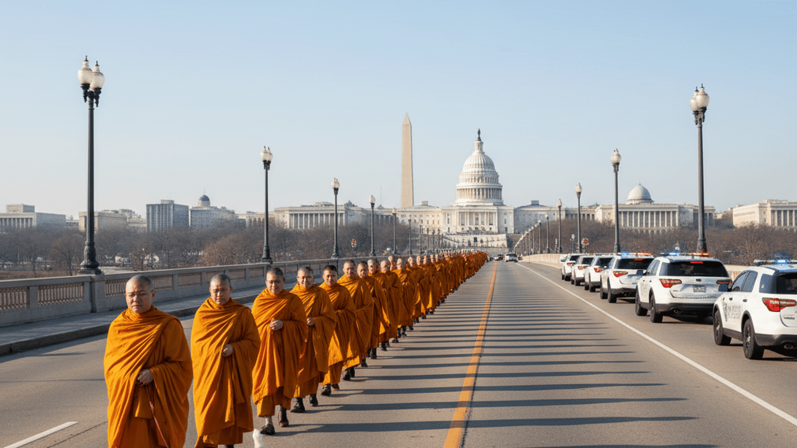 Buddhist monks in saffron robes walk across a bridge into Washington, D.C., escorted by police vehicles.