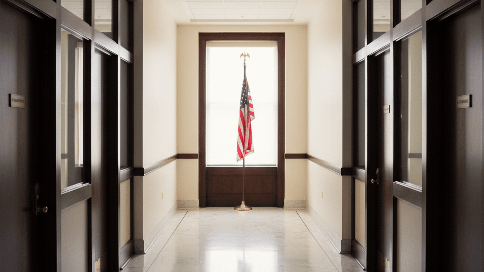 An empty federal hallway with an American flag, symbolizing the Department of Homeland Security shutdown.
