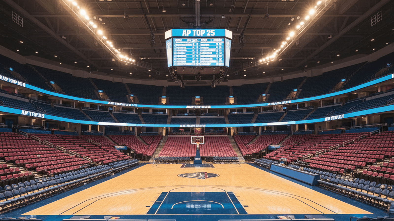 A large scoreboard in a professional arena displays the current national rankings under bright lights.
