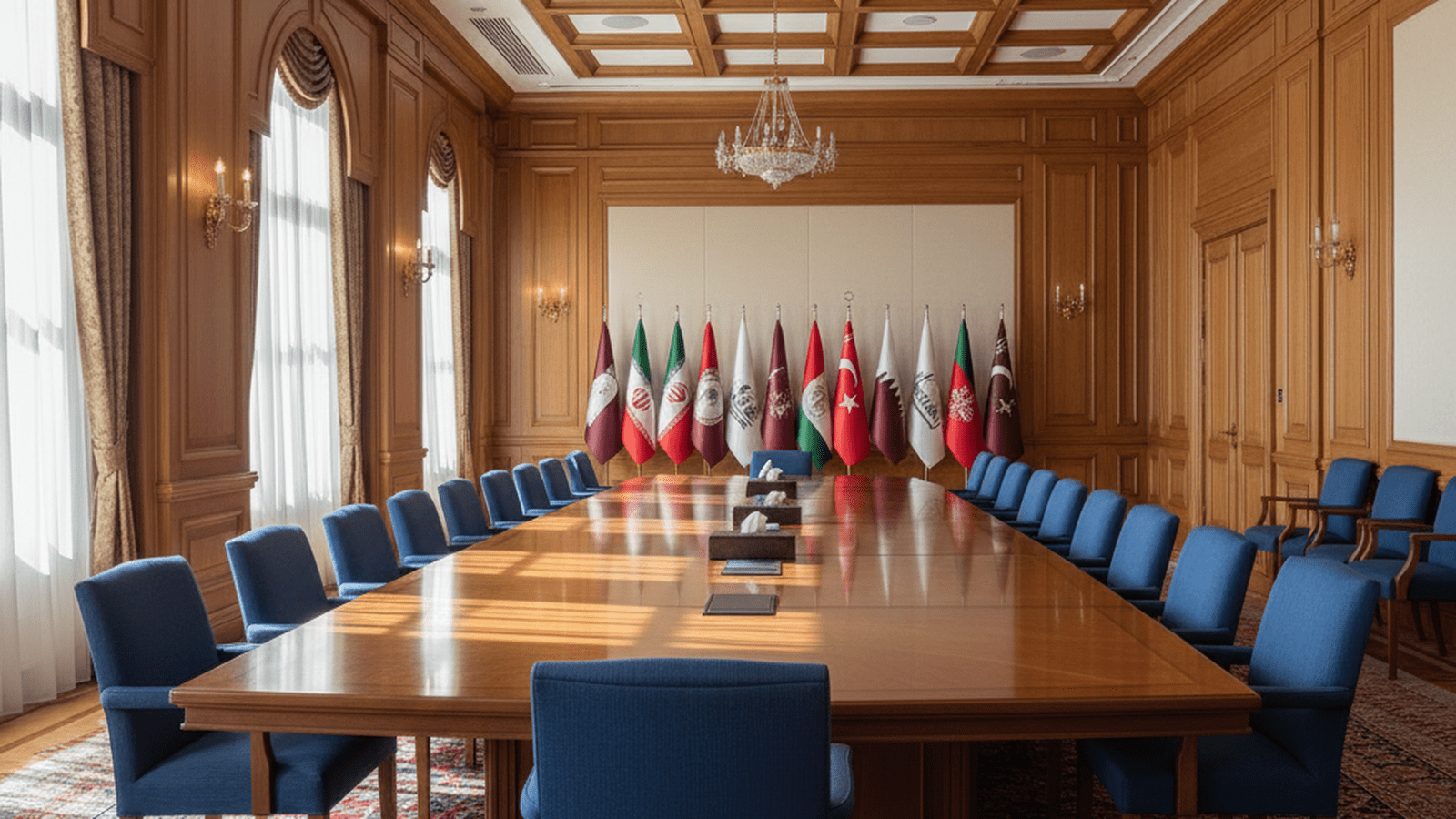 A formal diplomatic conference room prepared for international negotiations.