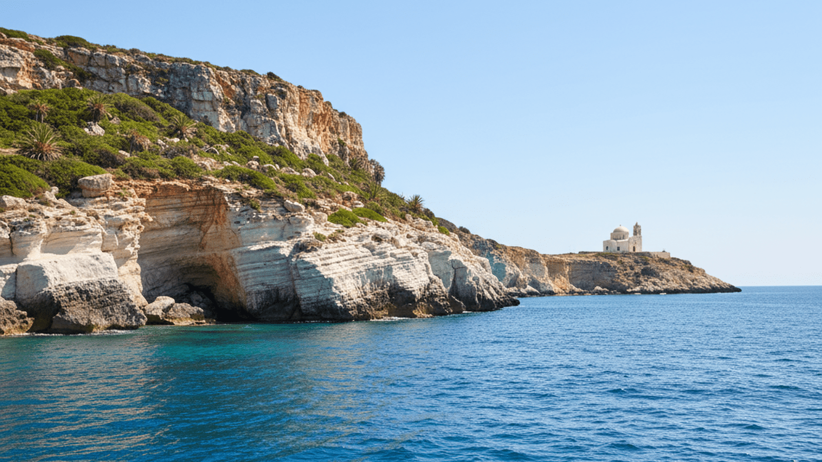 A peaceful view of the Lampedusa coastline with a small church on the cliffs under a bright sky.