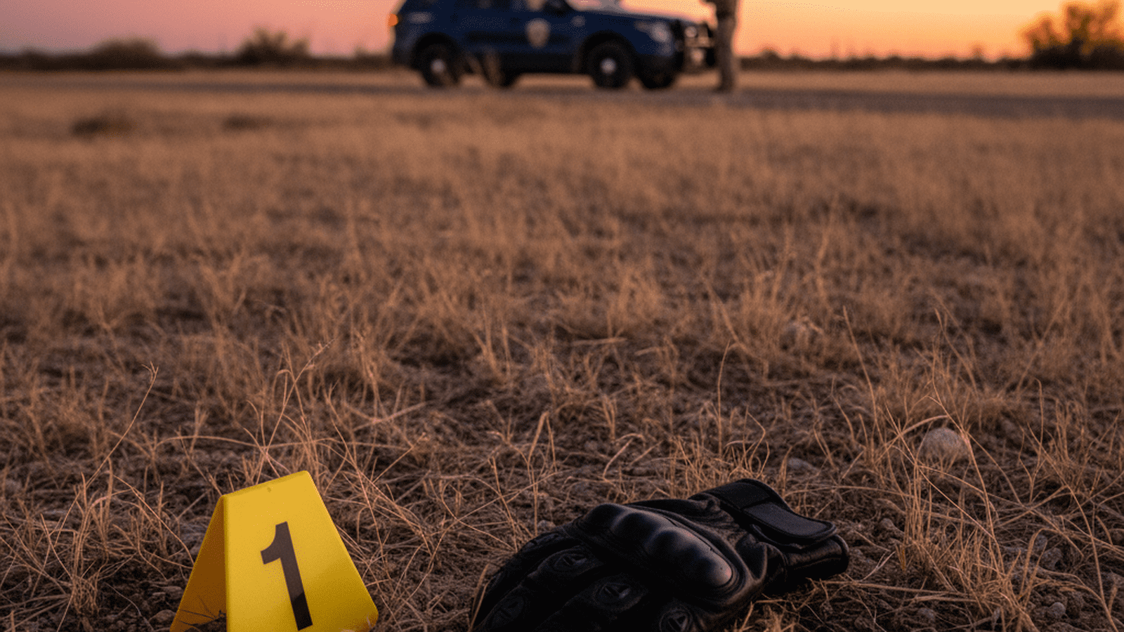 A dark glove sits next to a yellow evidence marker in a desert field during a federal investigation.