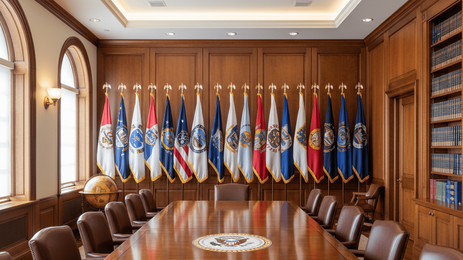 A formal government conference room prepared for a high-level meeting between federal and state leaders.