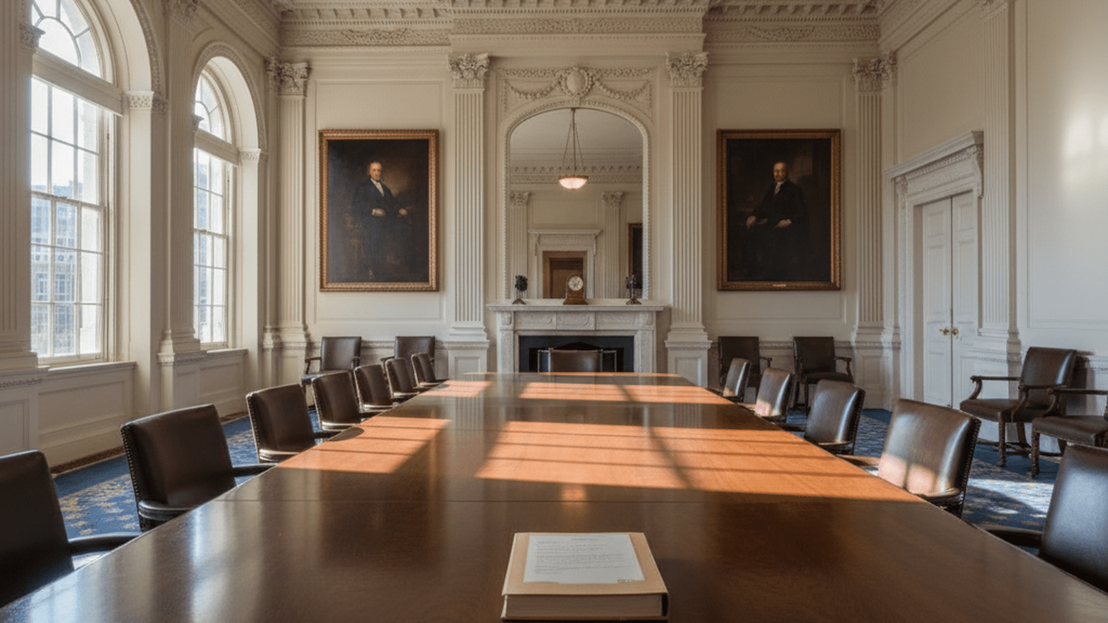 An empty, formal government conference room with a large mahogany table and a single folder, representing the upcoming meeting with governors.