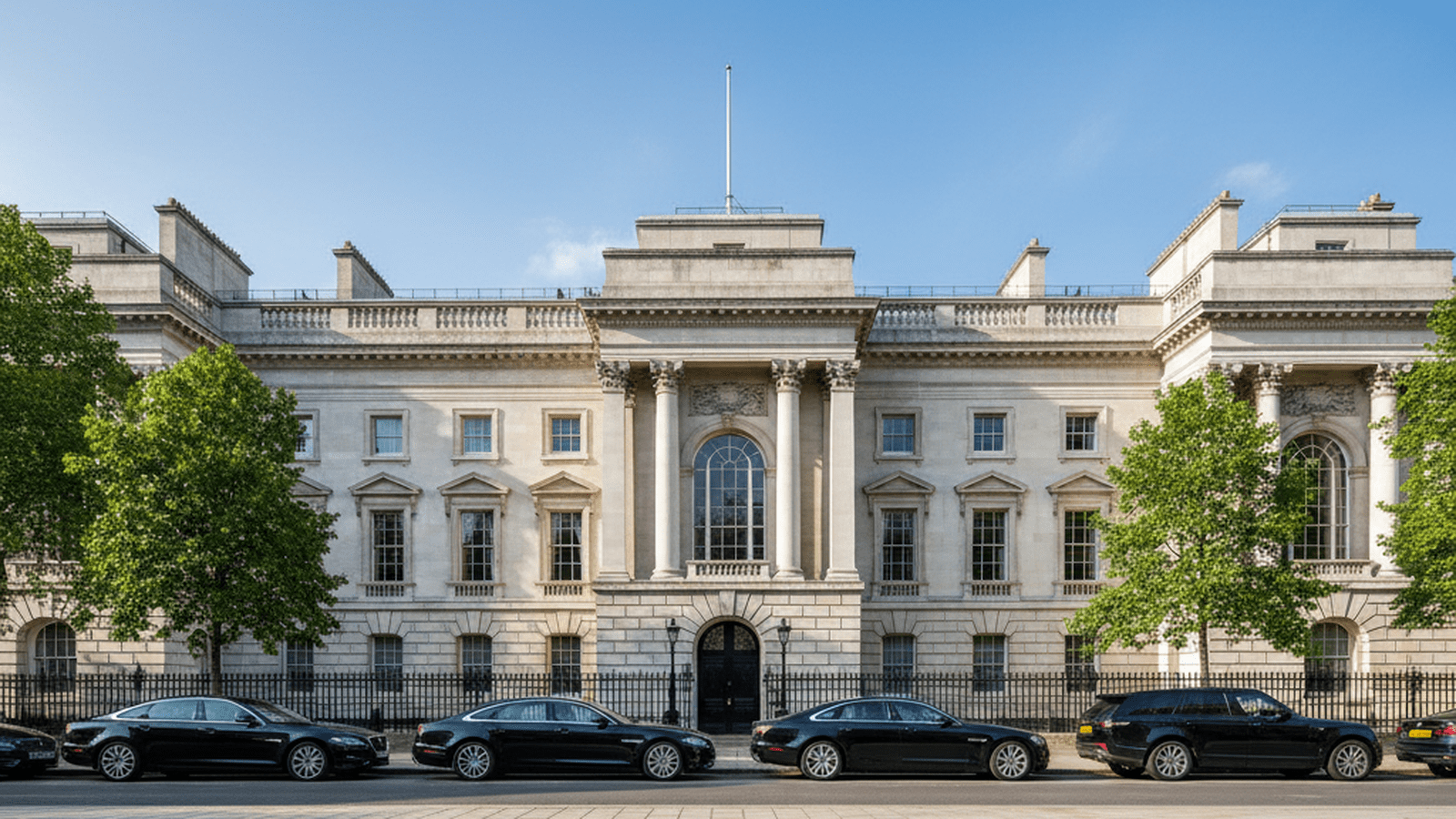 A formal government building in London stands under a clear sky, representing institutional order and the rule of law.