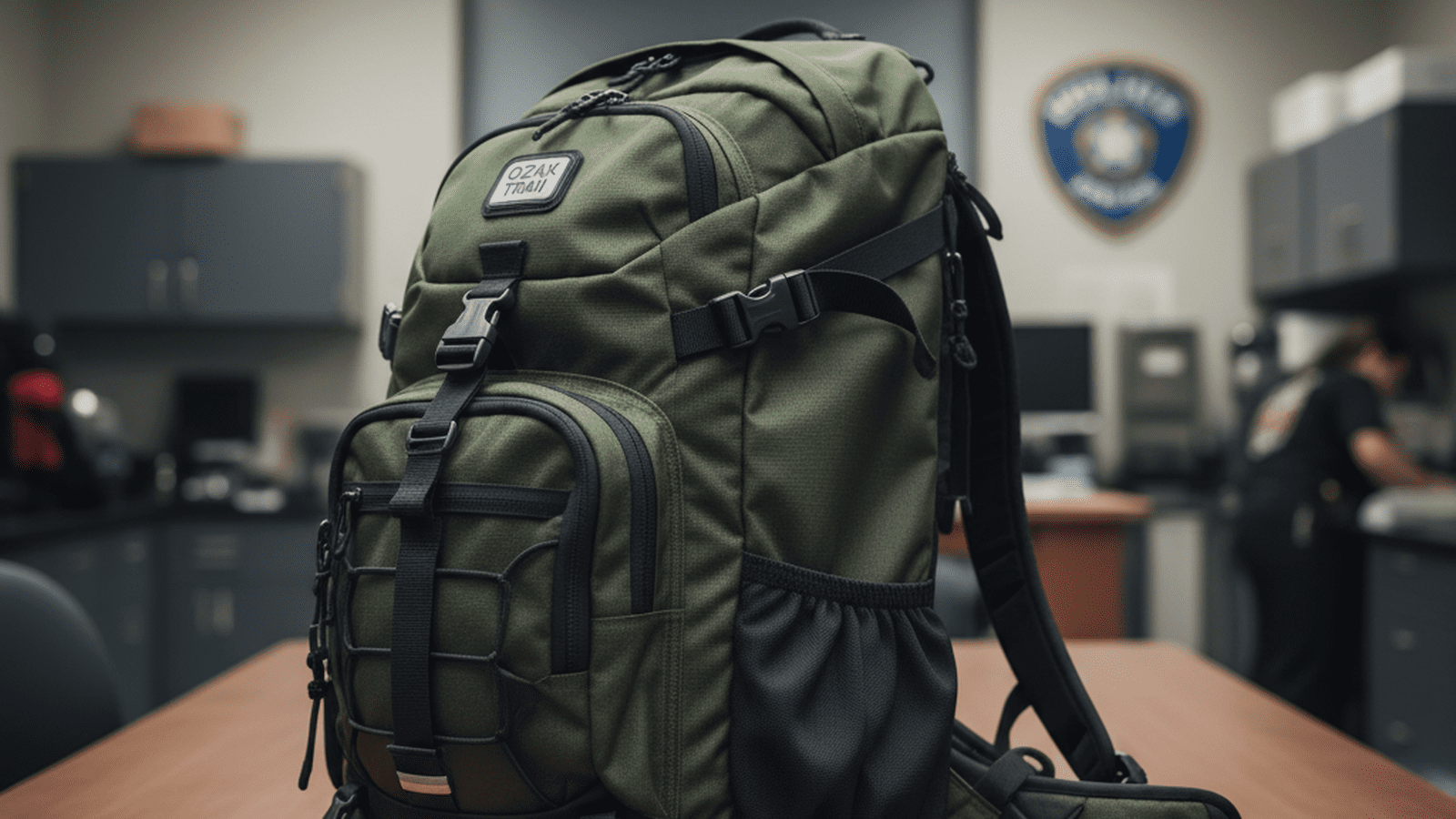 889255d917899e9a2ae298e665074cf38873889e0ec81bf72c5a991f5779aa0a A 25-liter hiking backpack sits on a wooden table in a sterile law enforcement setting.