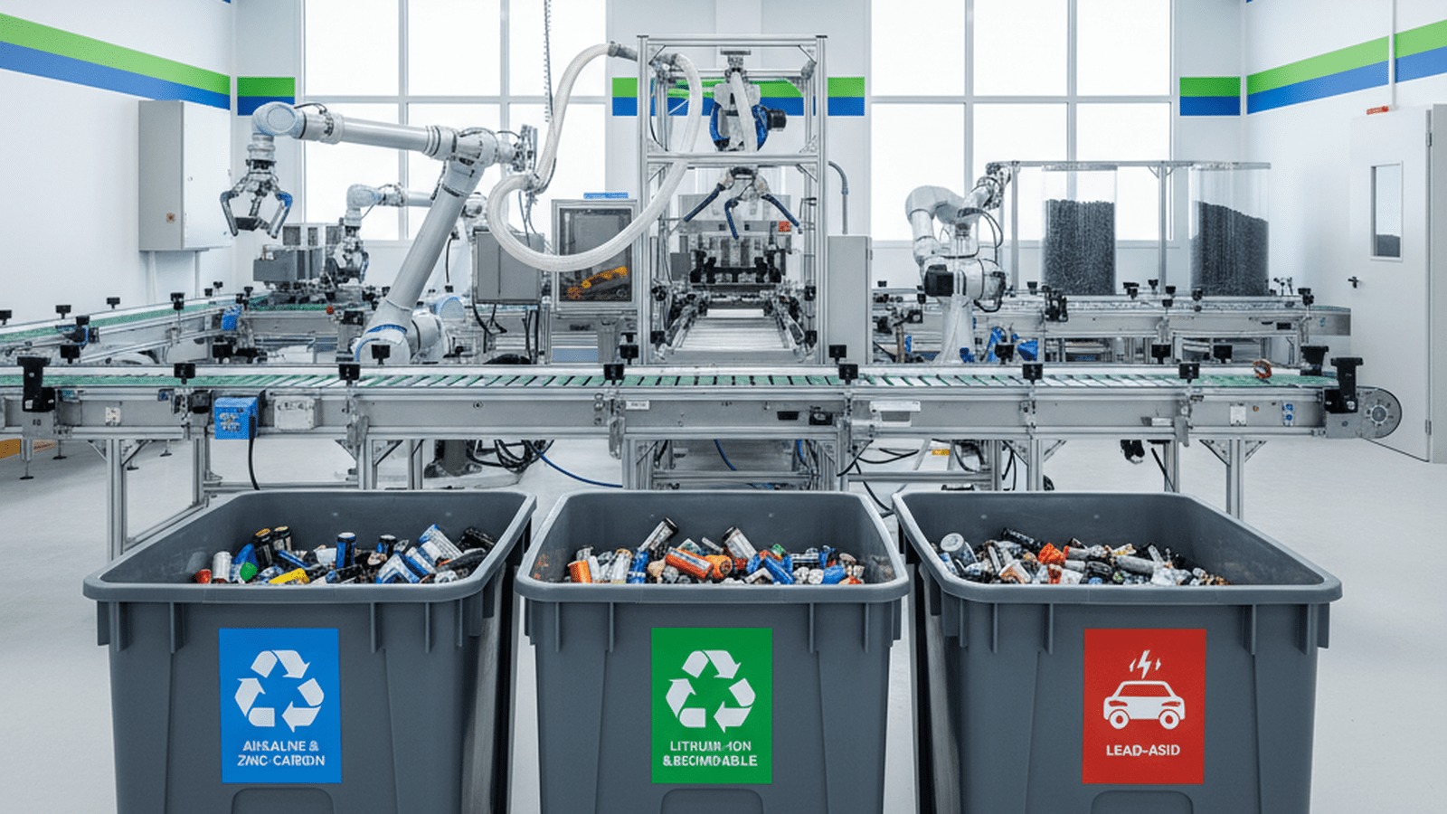 A professional and organized battery recycling facility with labeled collection bins.