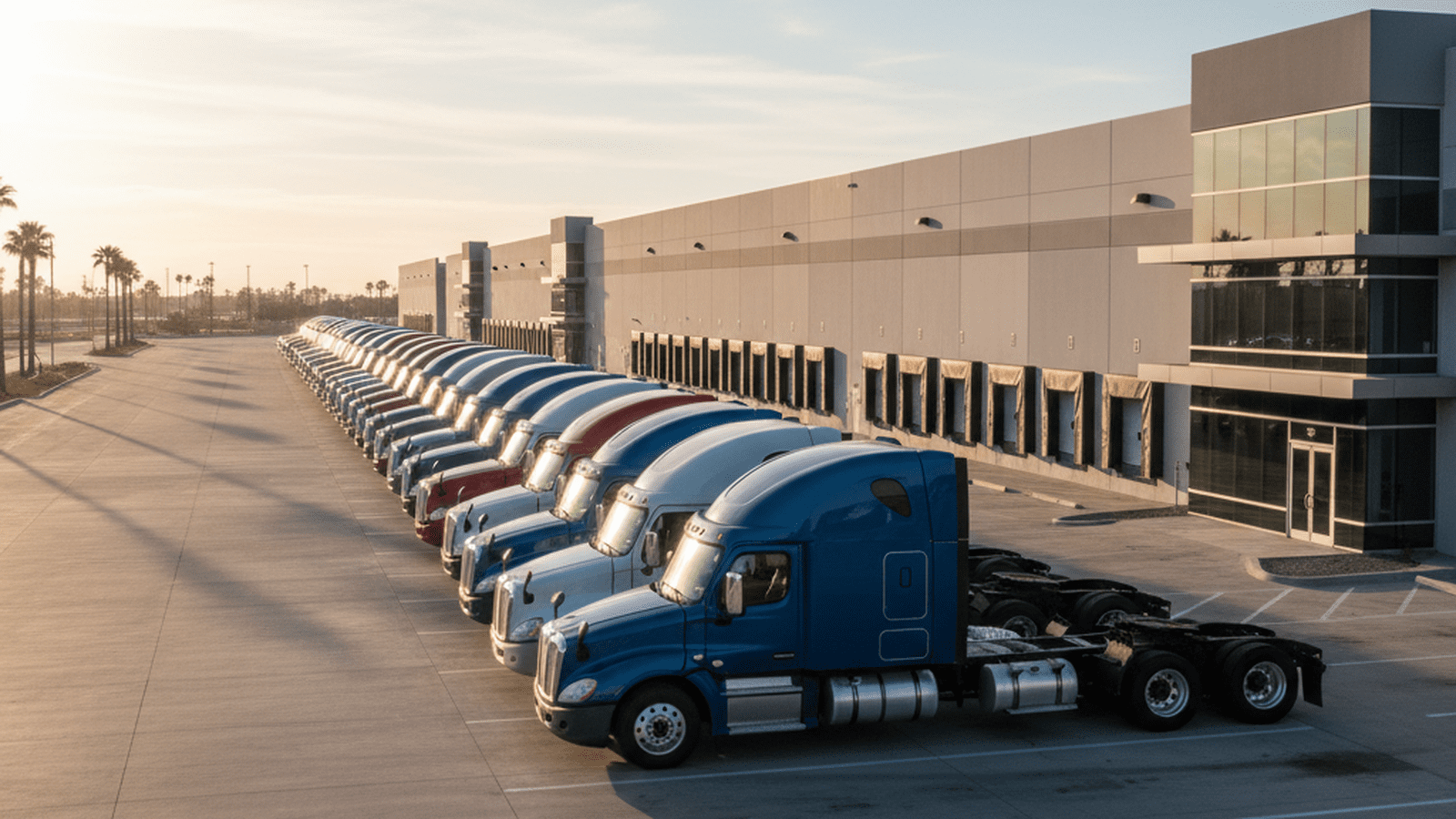 A row of commercial freight trucks parked at a distribution hub under a clear sky.