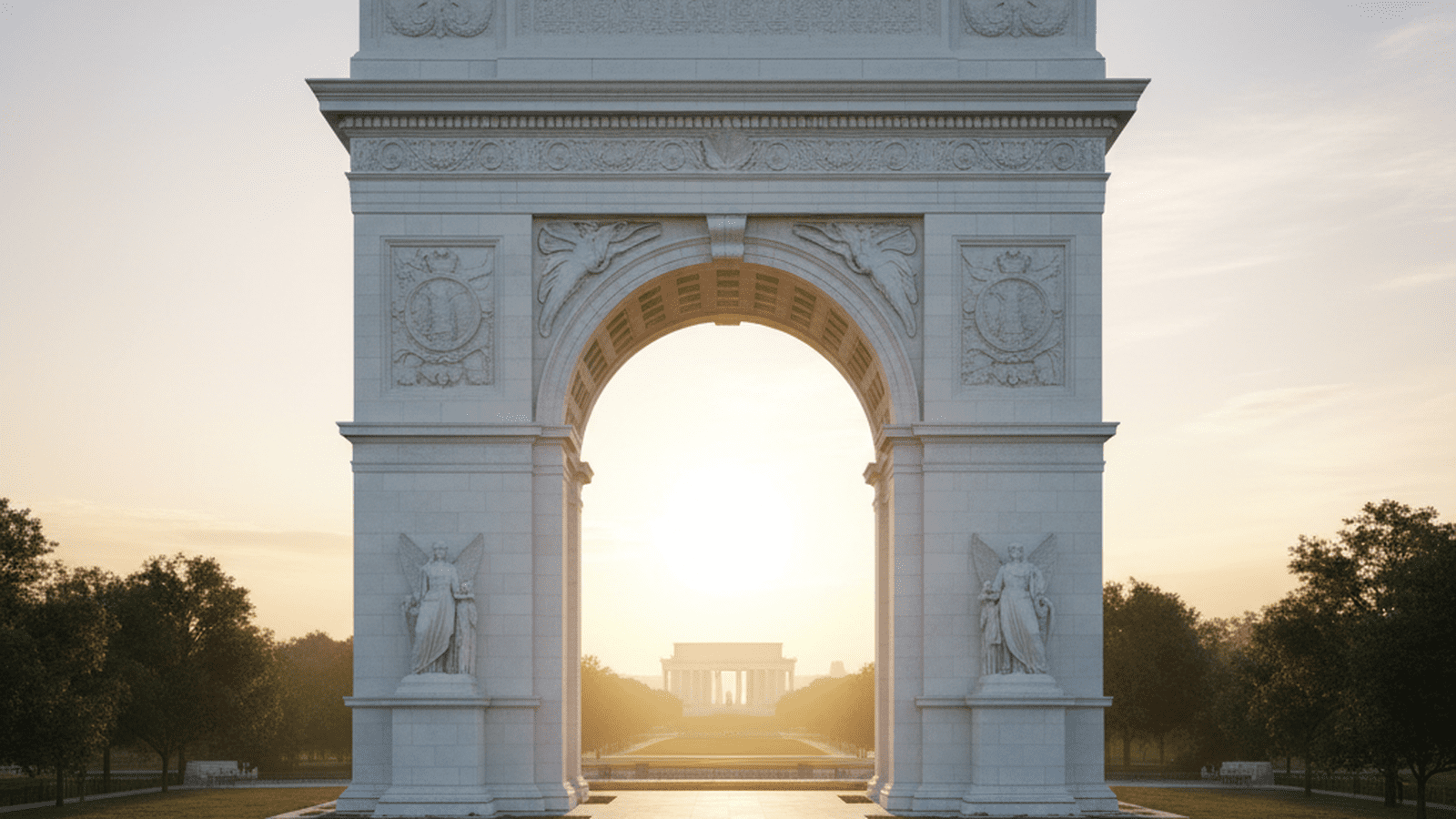 A large white stone arch stands prominently near a bridge with the Washington skyline in the background.