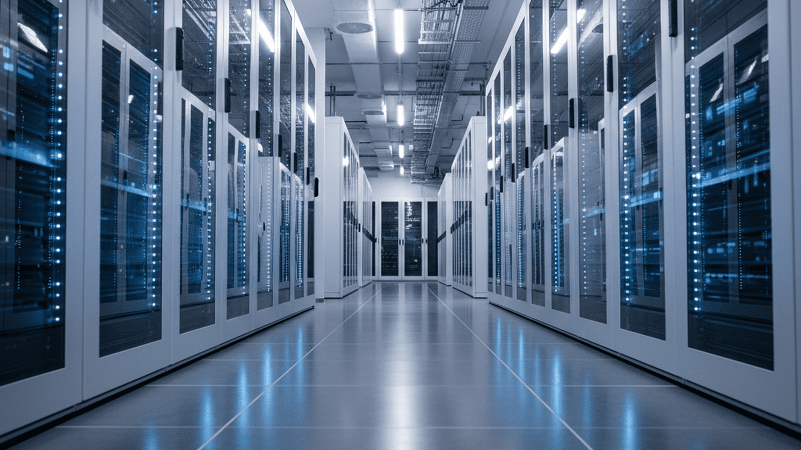A clean and modern server room with rows of glowing blue data racks.