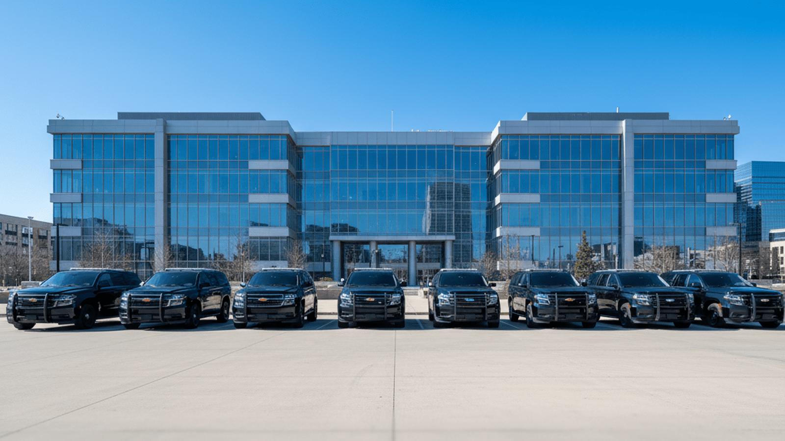 Federal law enforcement vehicles are parked in an orderly fashion near a government building in Minneapolis.