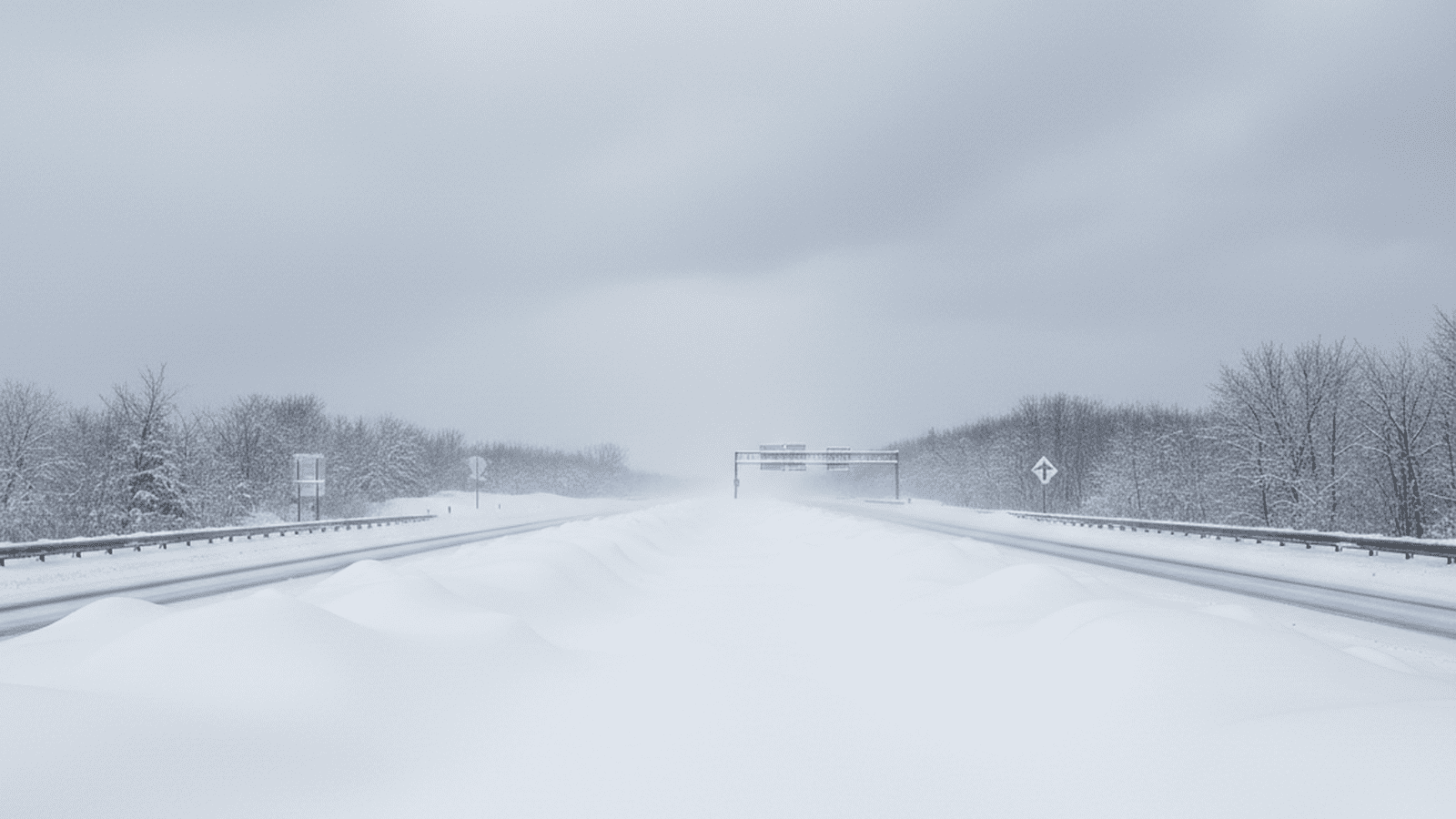 An empty, snow-covered highway during a blizzard, showing total compliance with travel restrictions.