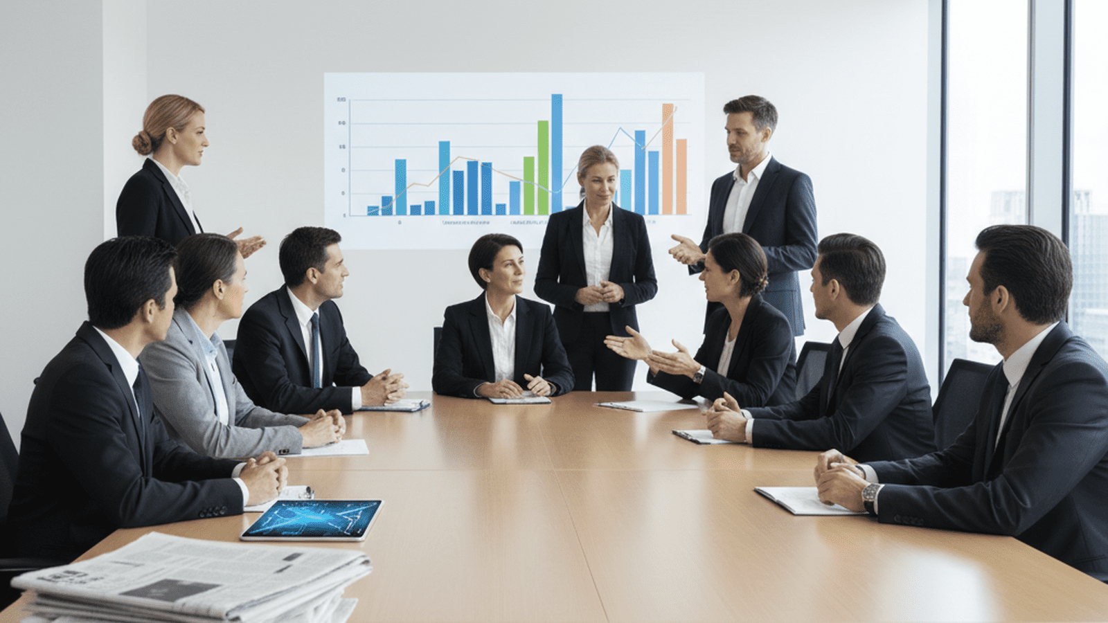 A modern boardroom table featuring a stack of newspapers and digital devices, symbolizing the integration of different generational tools.