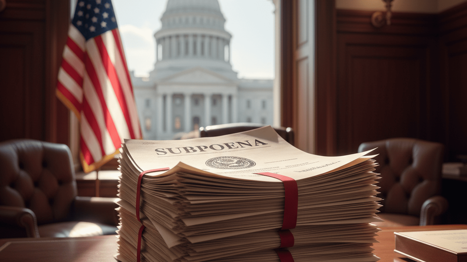 A stack of legal subpoenas sits on a desk in a formal government office.