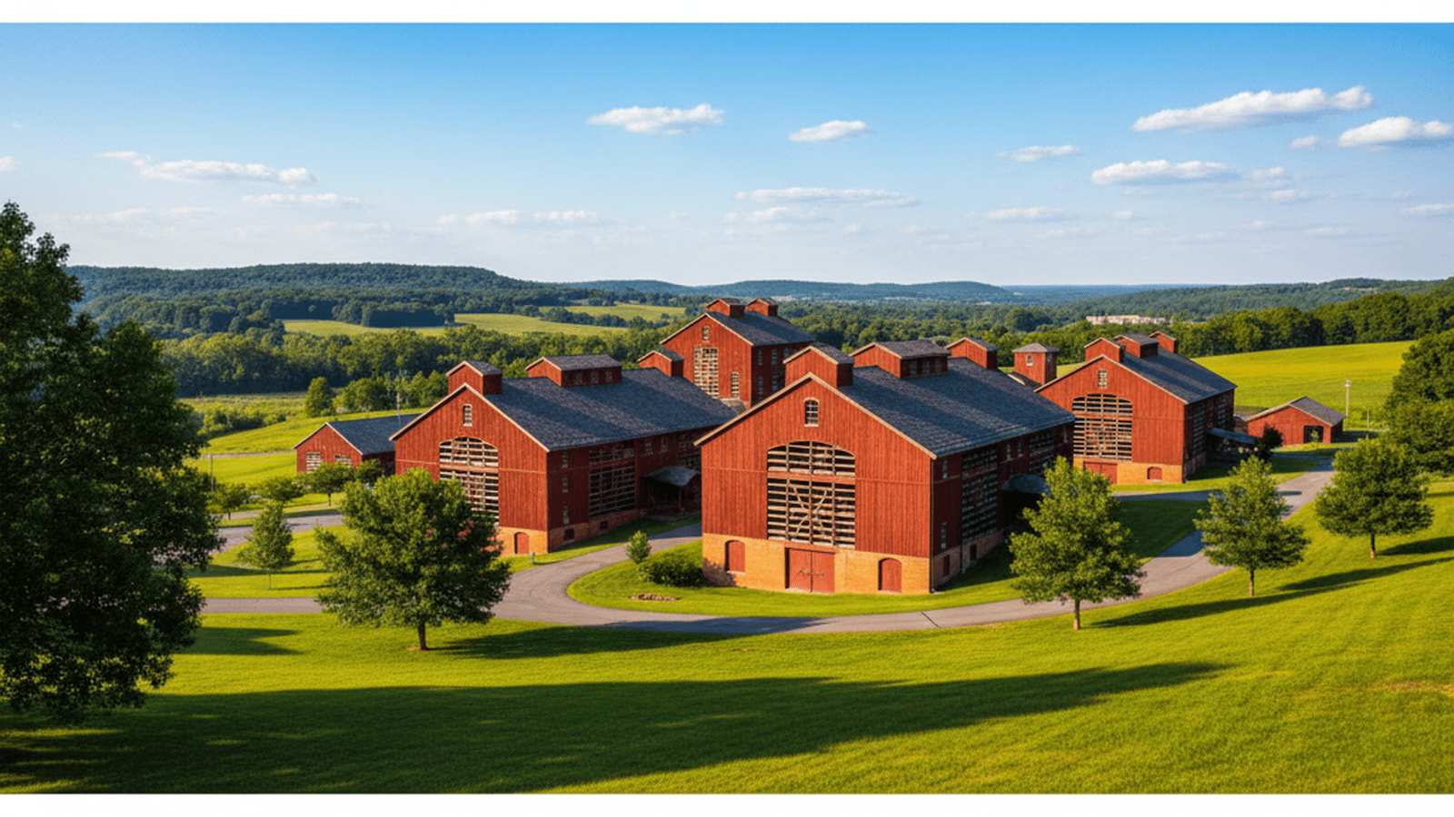 The historic Four Roses Distillery rack houses sit on a hillside in Lawrenceburg, Kentucky.