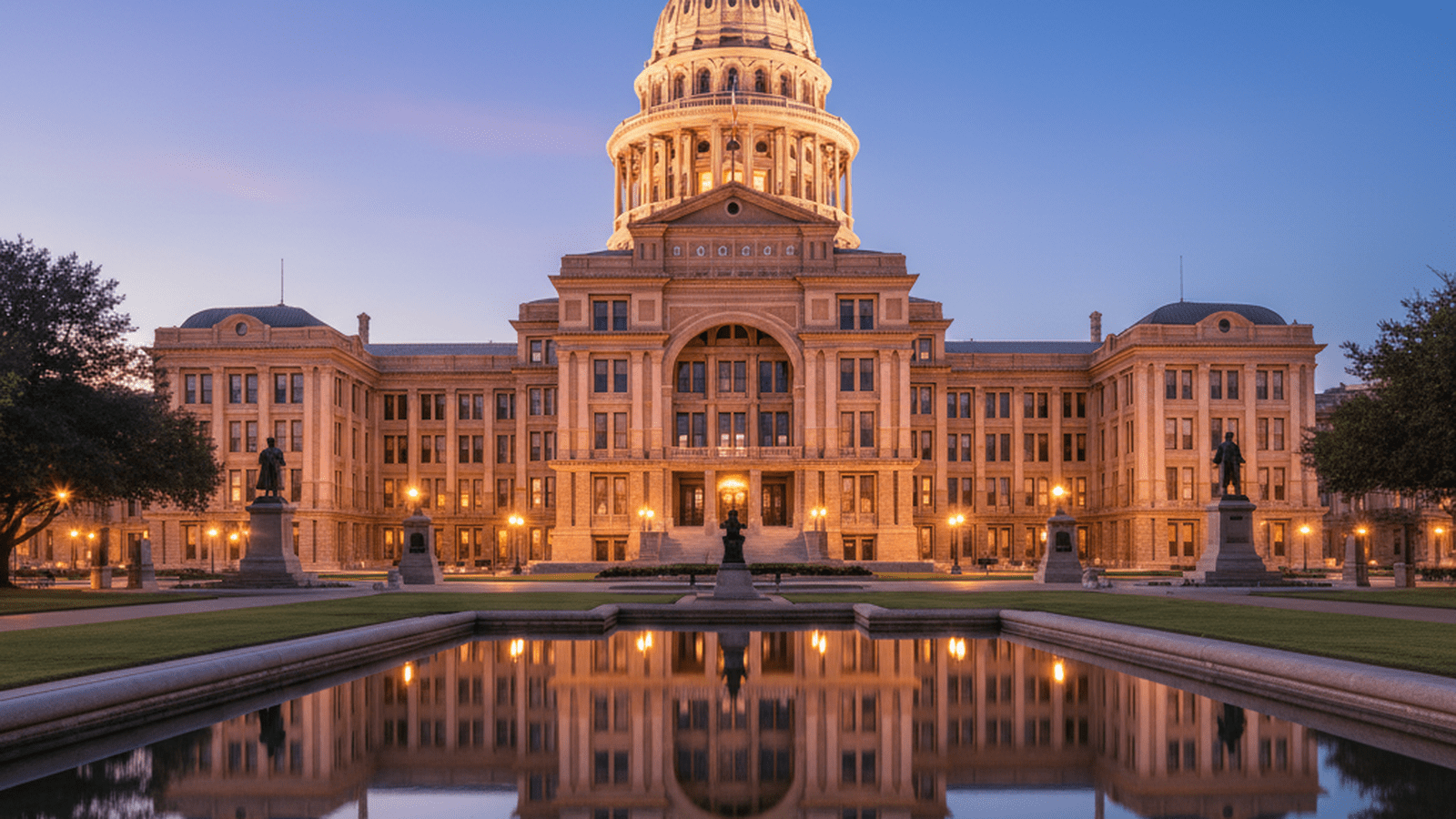 The Texas State Capitol building stands illuminated against a darkening sky.