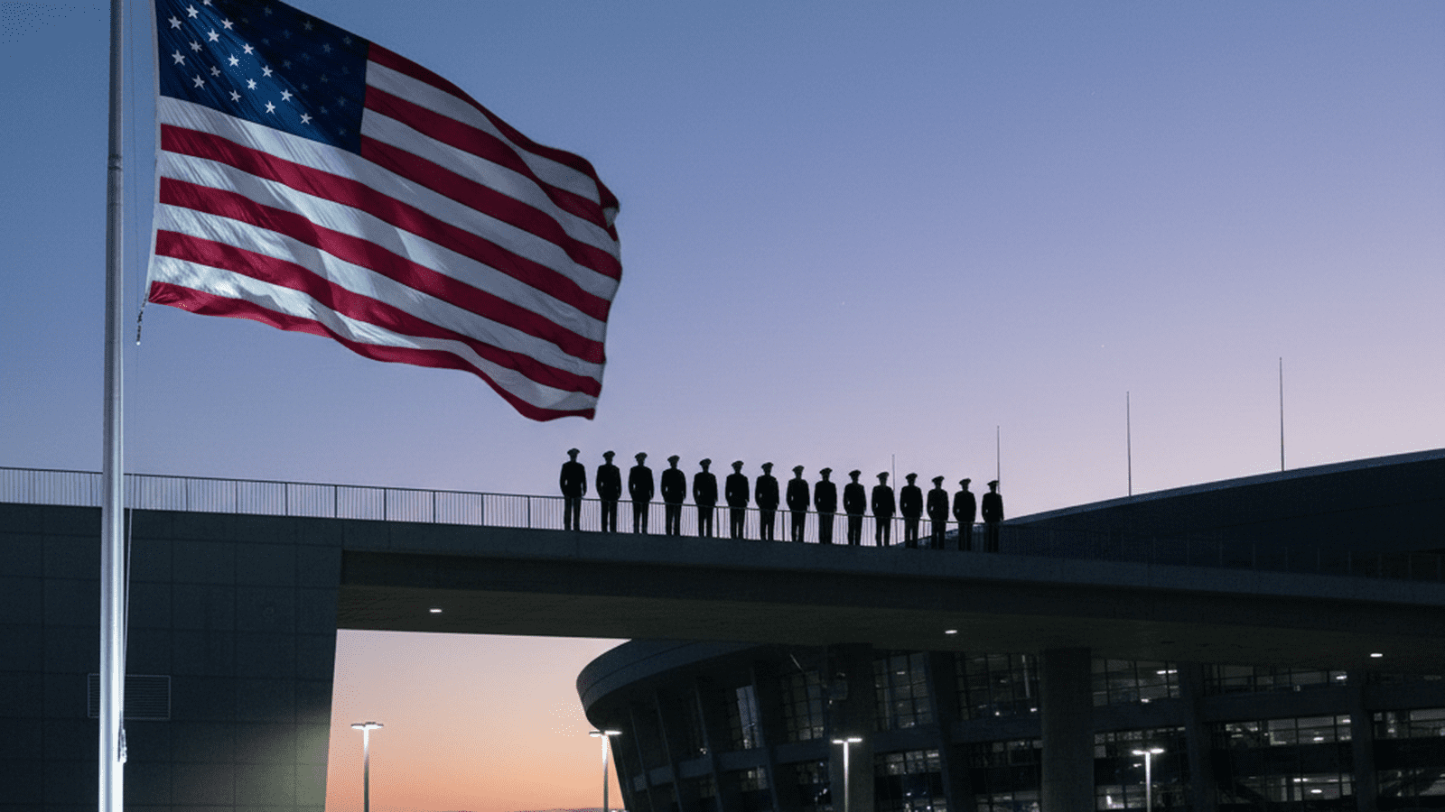 The American flag flies over an Olympic venue where security personnel maintain a disciplined presence.