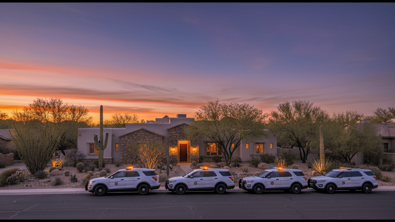 Police vehicles parked outside a home in the Catalina Foothills of Tucson during an investigation.