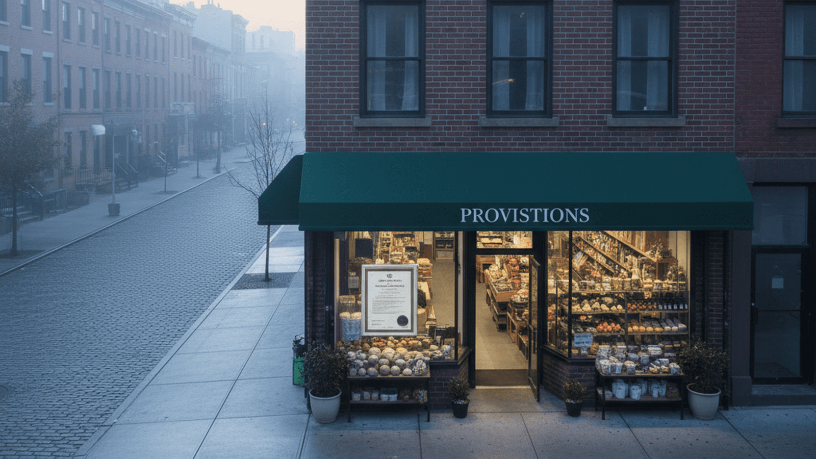 A clean and orderly storefront in Brooklyn with a city permit displayed in the window.