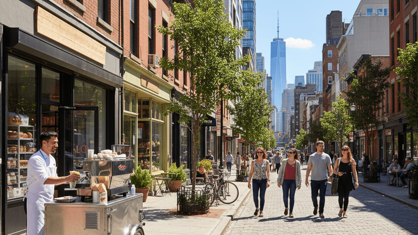 A clean and organized commercial street in Brooklyn featuring a modern food cart and a small storefront.