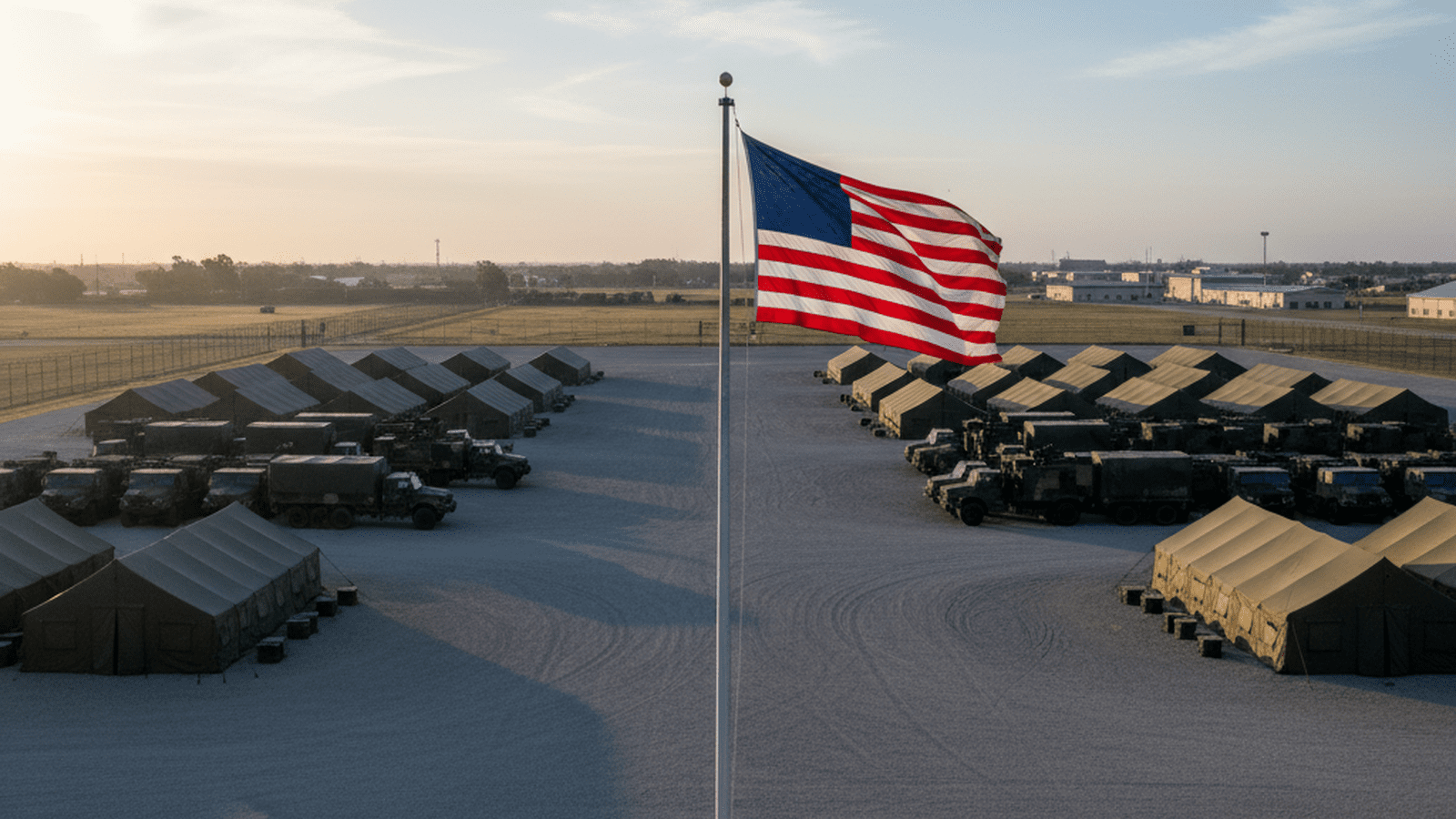 A disciplined and orderly military base parade ground at dawn with an American flag flying.