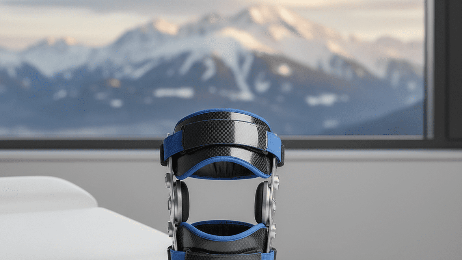 A professional medical knee brace sits ready for use in a high-altitude training facility.