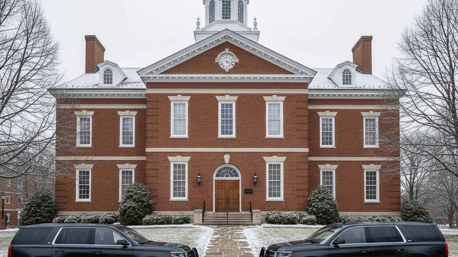 A brick courthouse stands under a gray winter sky with law enforcement vehicles parked in front.