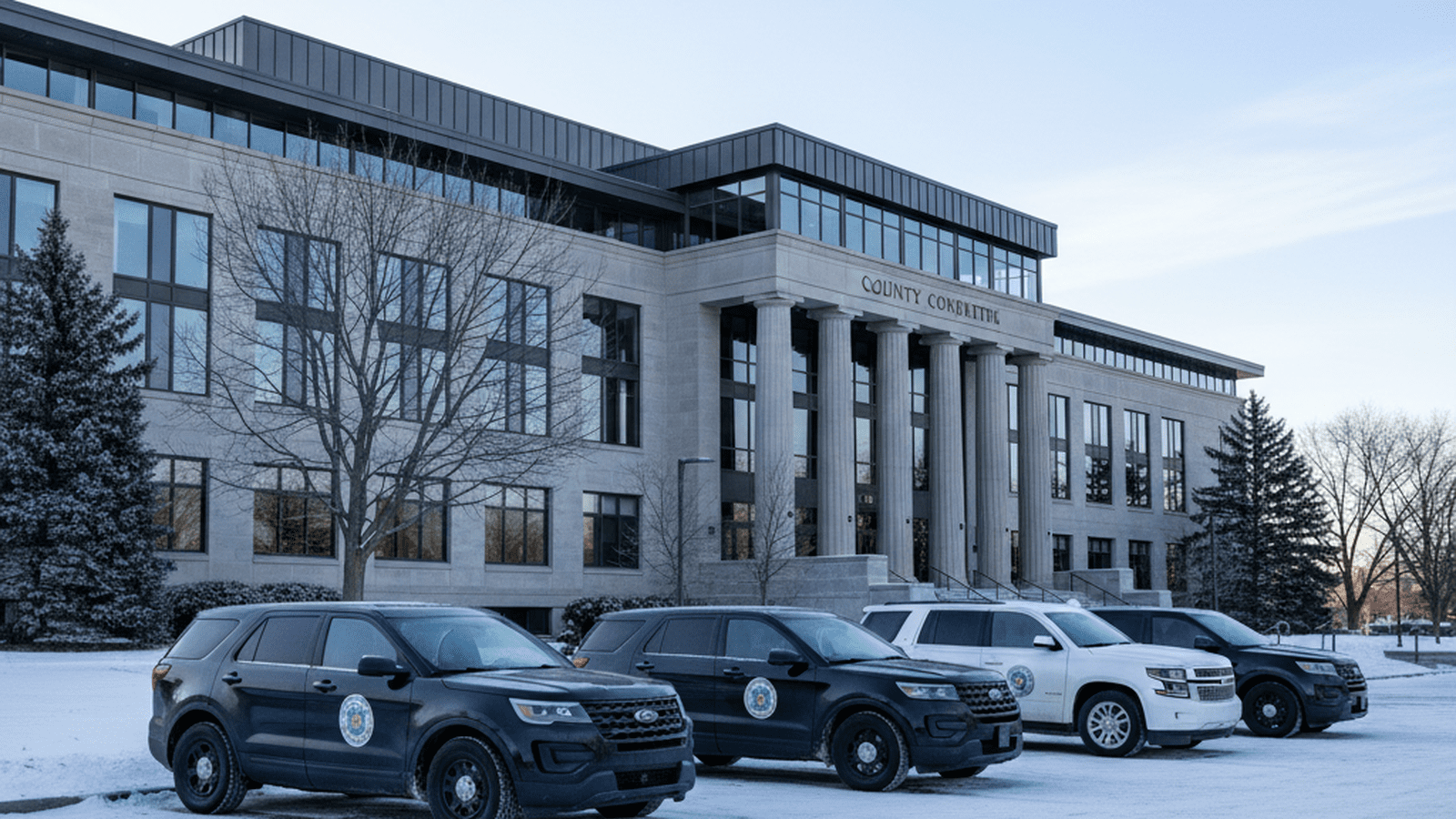 c200fc6c394bb76796a8daa6a87225b29f390693a2a3b93dda0dd2975b9cdc12 A modern brick courthouse stands under a winter sky with government vehicles parked nearby.