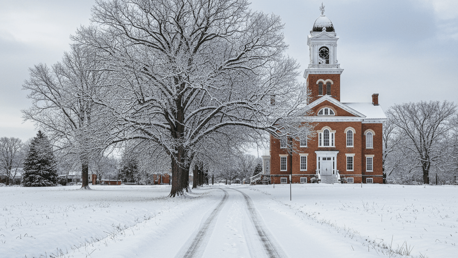 A brick courthouse stands under a clear winter sky, representing the steady progress of the legal system.