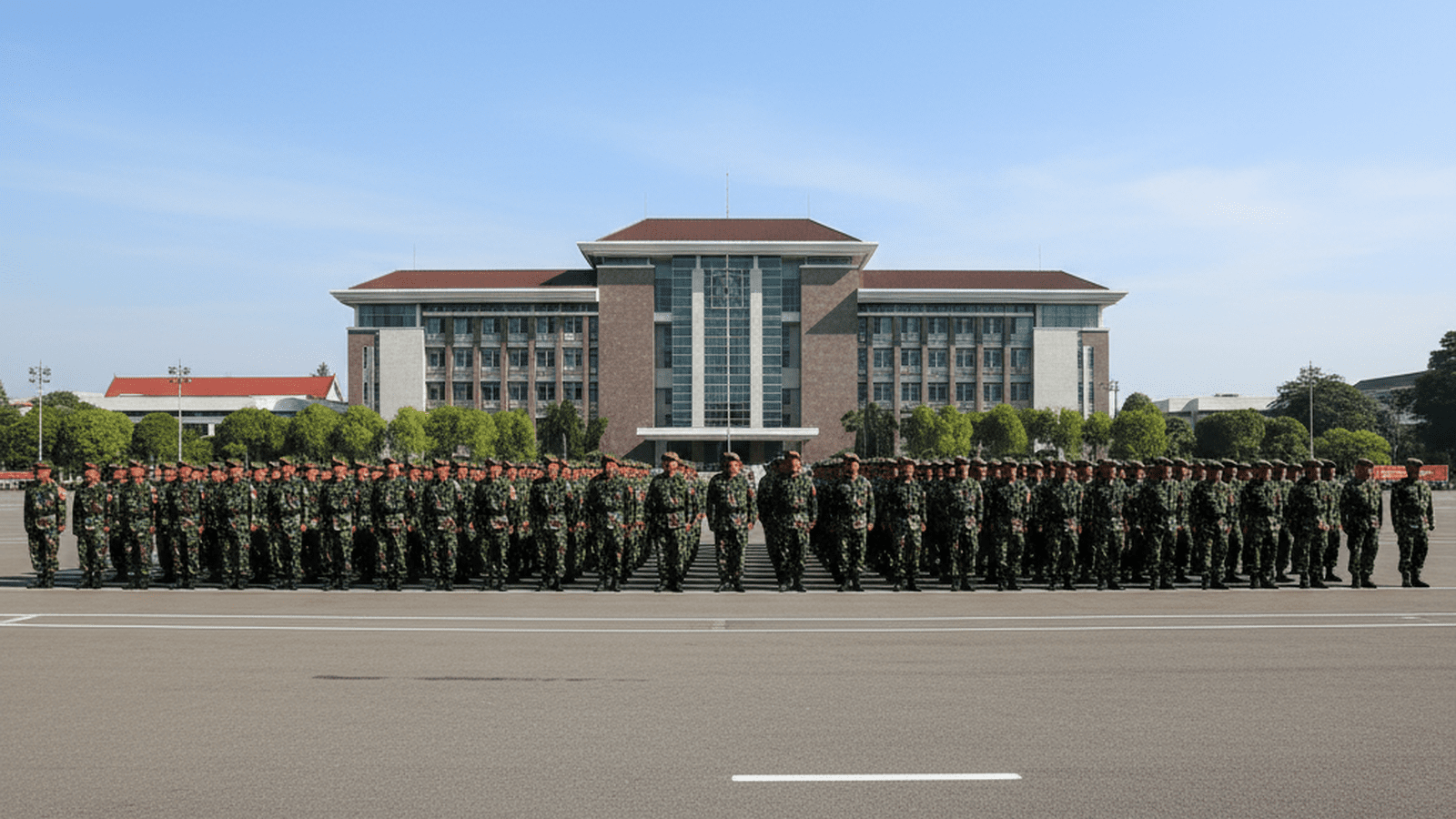 Indonesian soldiers stand in formation during a military ceremony in Jakarta.