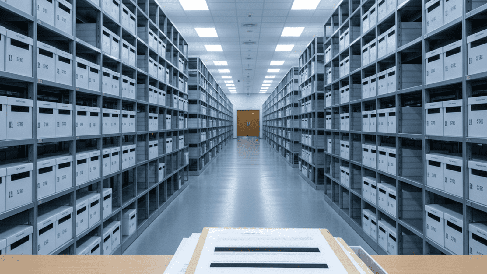A highly organized government archive room filled with rows of document boxes representing the Epstein file release.