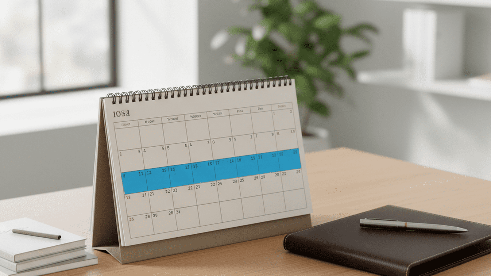 A professional desk setup featuring a calendar with a long-term break scheduled and financial planning documents.