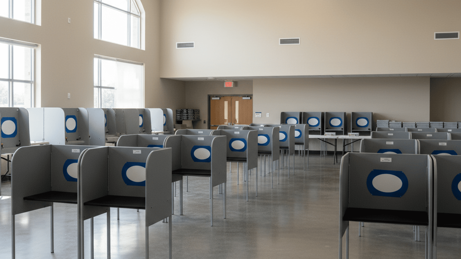 A structured and orderly Texas polling station prepared for a primary election.
