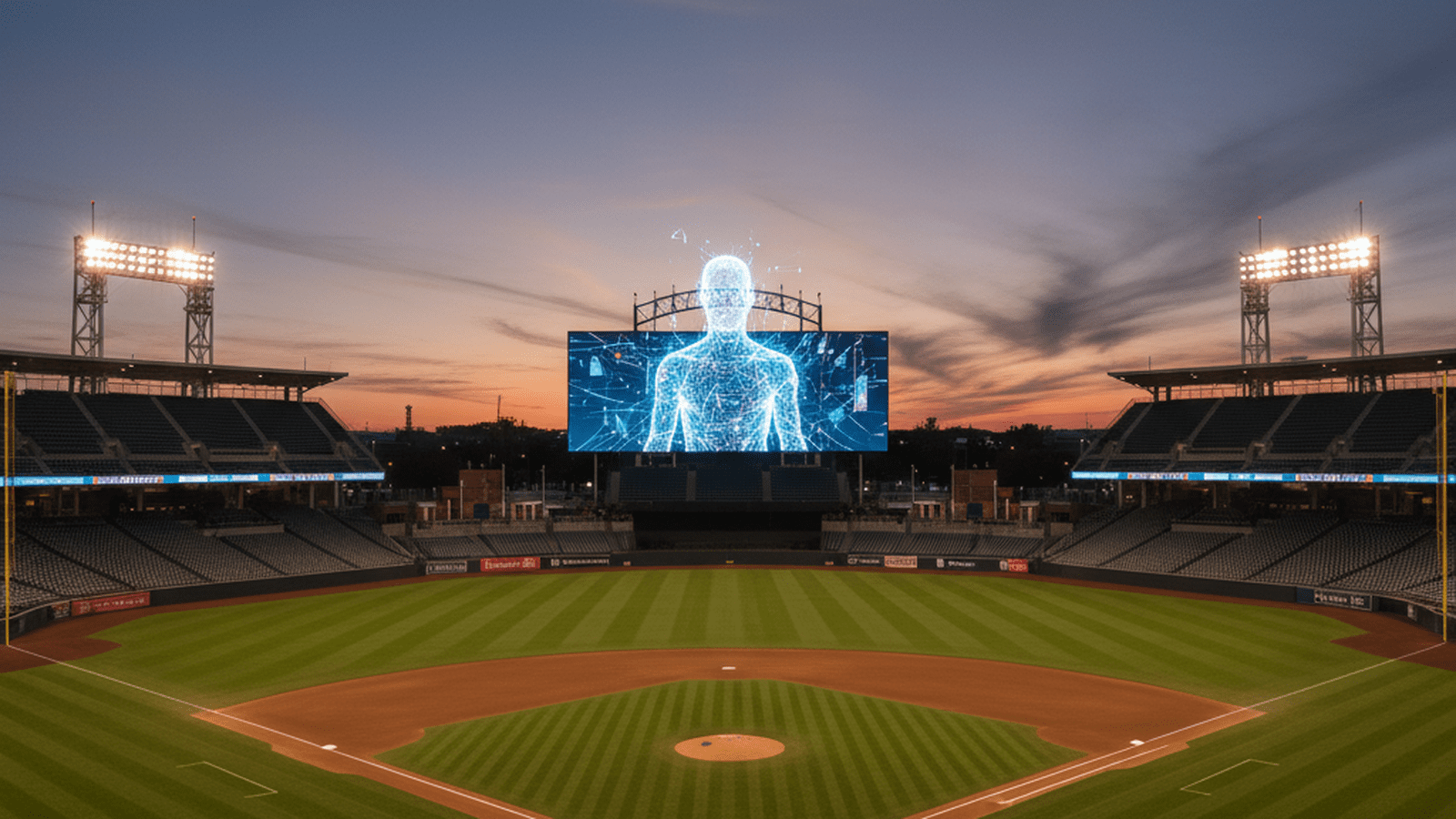A digital silhouette of a baseball player glows on a stadium screen at night.